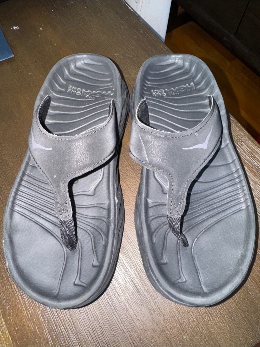 Hoka Ora Black Flip Flop recovery shoes with Wave Footbed